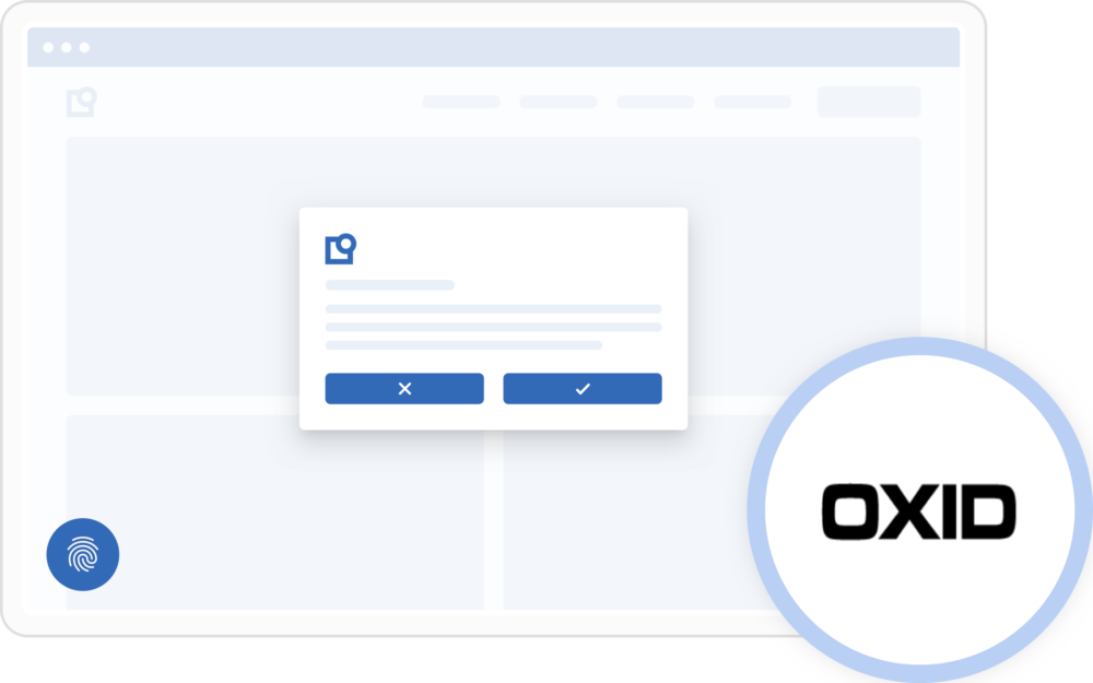Logotipo da OXID em círculo azul, impressão digital azul e caixa pop-up de pesquisa com sim ou não - Usercentrics