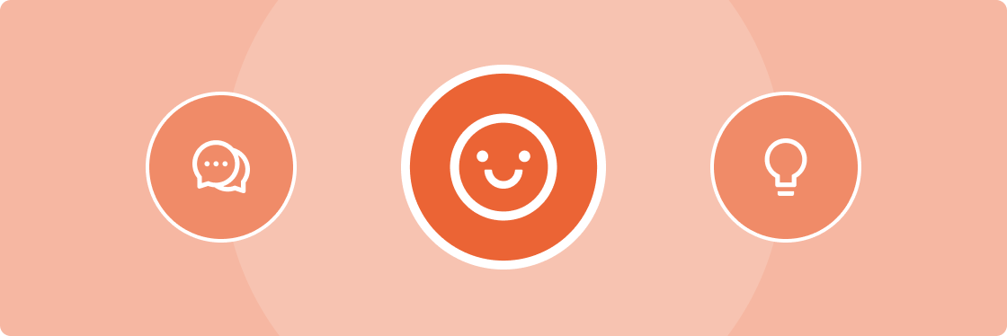 Orangefarbene Kreise mit einem weißem Smiley-Symbol, einem weißen Glühbirnen-Symbol und einem weißen Sprechblasen-Symbol - Usercentrics