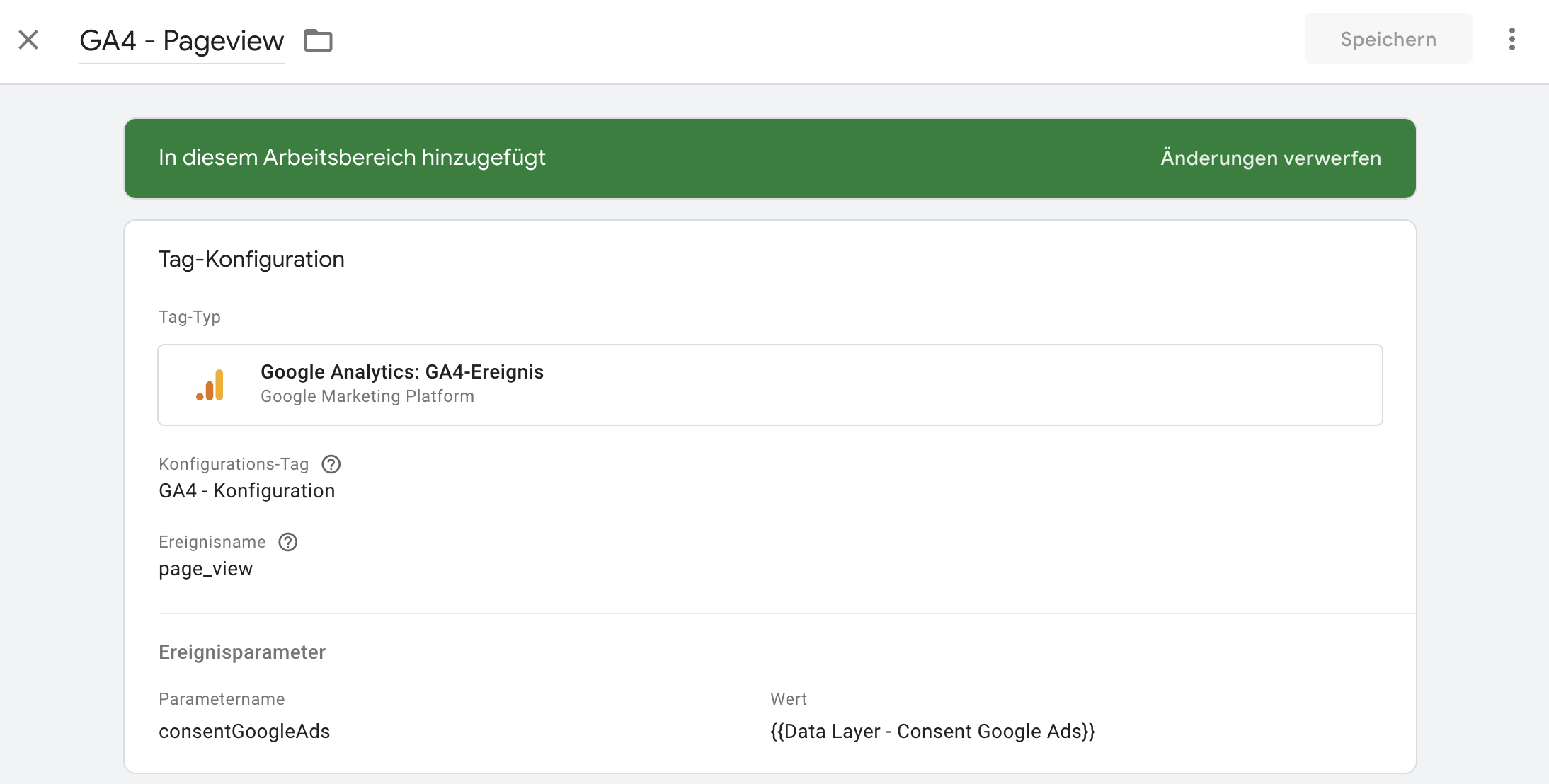 GA4 Tag Konfiguration für Pageview-Ereignisse mit consentGoogleAds Parameter