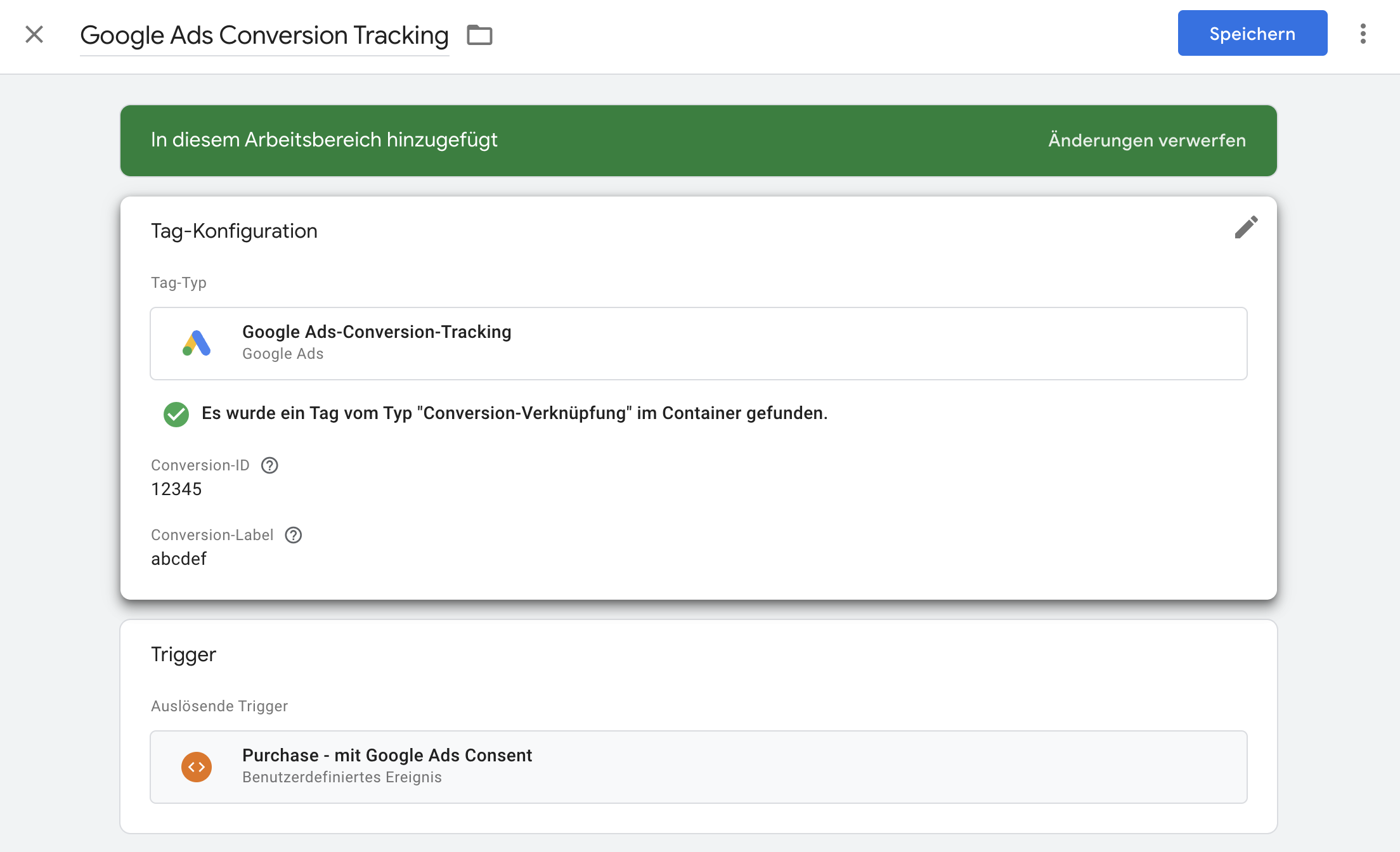 Tag-Konfiguration für Google Ads Conversion Tracking bei Kauf ausgelöst