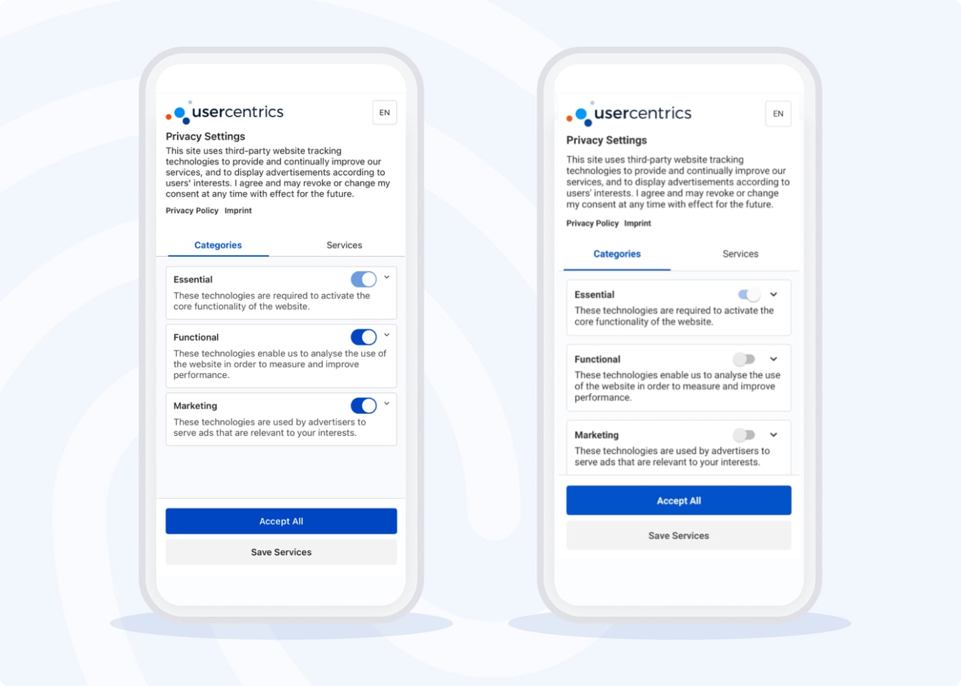 Zwei Bilder eines Smartphones, die zeigen, wie Sie die Datenschutzeinstellungen von Usercentrics ein- und ausschalten können, darunter essenzielle, funktionale und Marketing-Einstellungen - Usercentrics