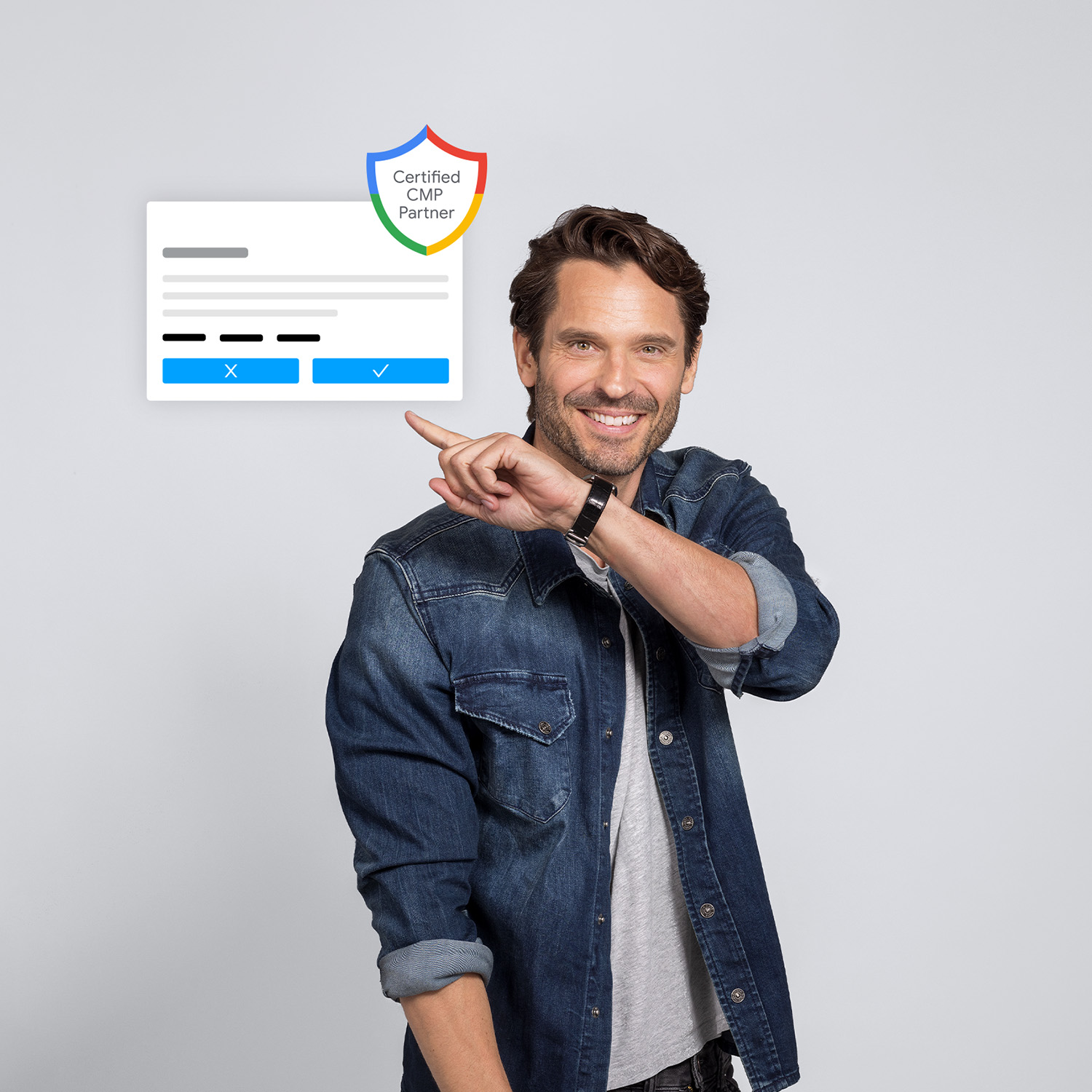 Man pointing at CMP with Google badge