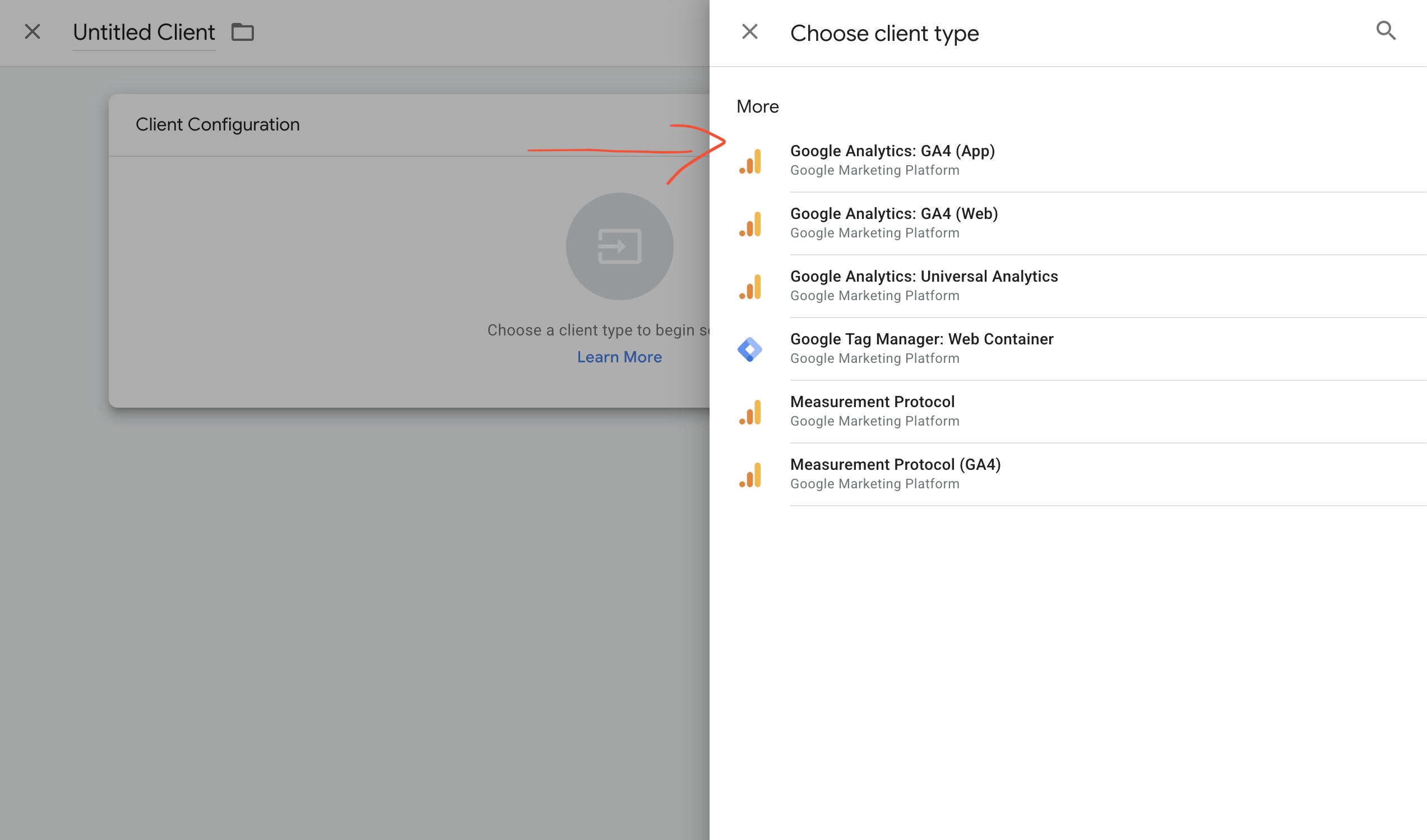 Choose client type: Google Analytics: GA4 (App)