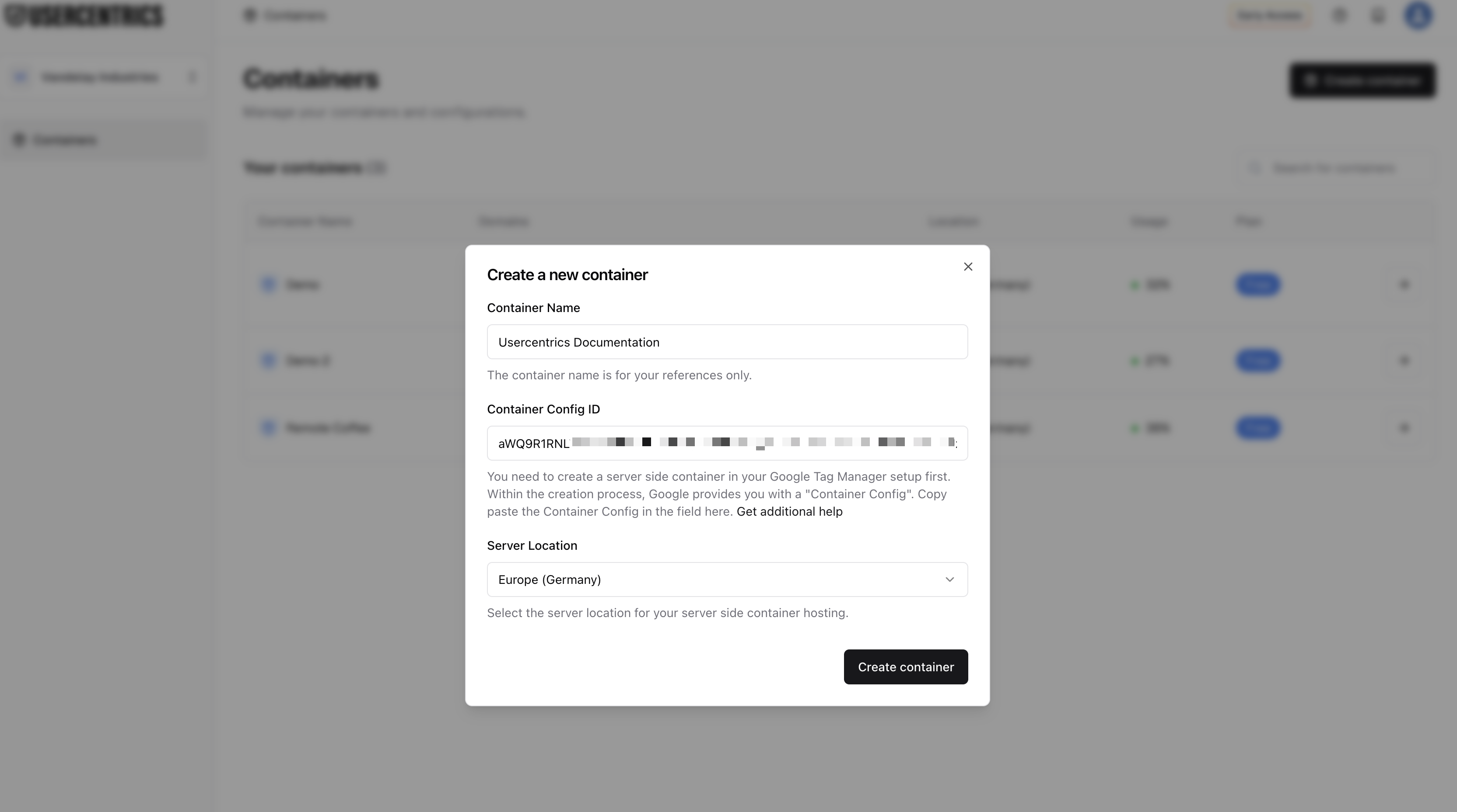 Create a container in Usercentrics