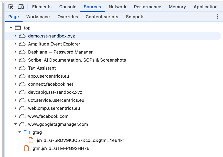 Chrome DevTools Sources panel showing a file tree with entries including the site subdomain and www.googletagmanager.com