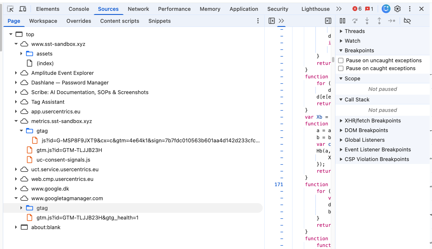 Screenshot of Chrome DevTools showing the Sources panel with a file tree on the left, code in the center, and the right-hand sidebar with breakpoints and Call Stack