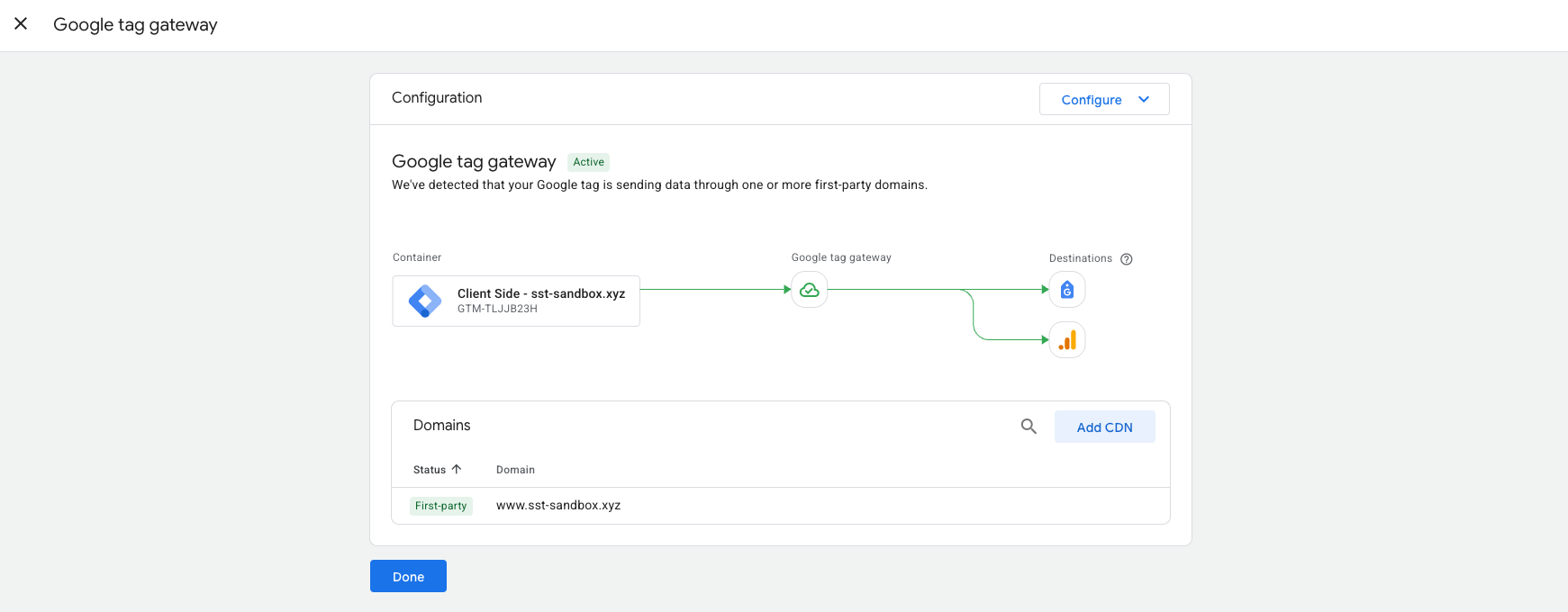 Google Tag Gateway admin UI screenshot showing the configuration card with a domain listed as First-party and a Done button
