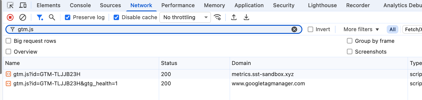 Browser Network panel screenshot showing gtm.js requests and domains metrics.sst-sandbox.xyz and www.googletagmanager.com