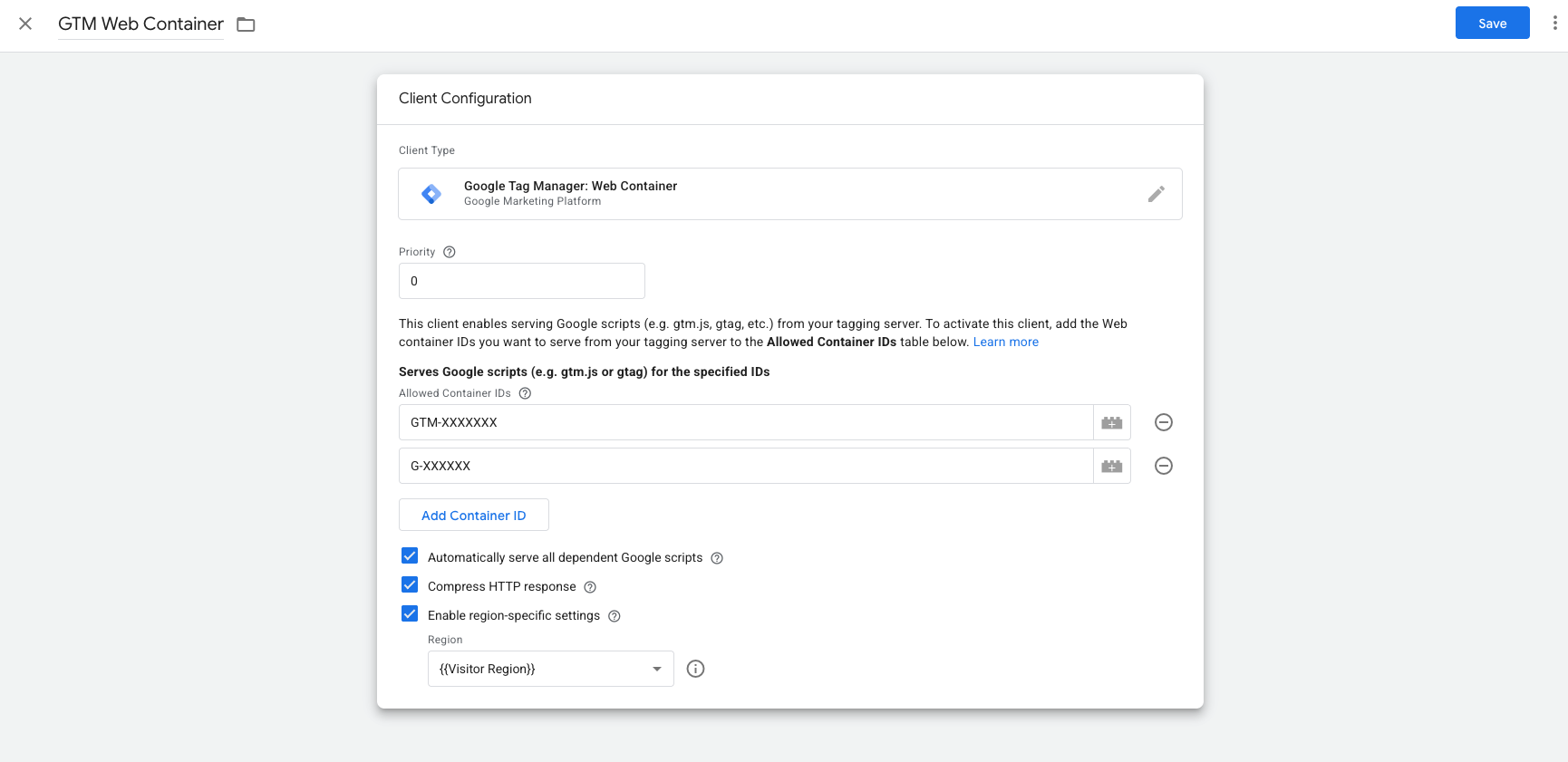 Screenshot of the GTM Web Container client configuration dialog showing fields for Allowed Container IDs, checkboxes including Automatically serve all dependent Google scripts and Enable region-specific settings, and a Save button