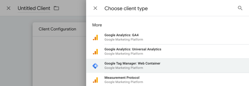 Screenshot of the sGTM client configuration UI showing the client list and Google Tag Manager: Web Container highlighted on the right side