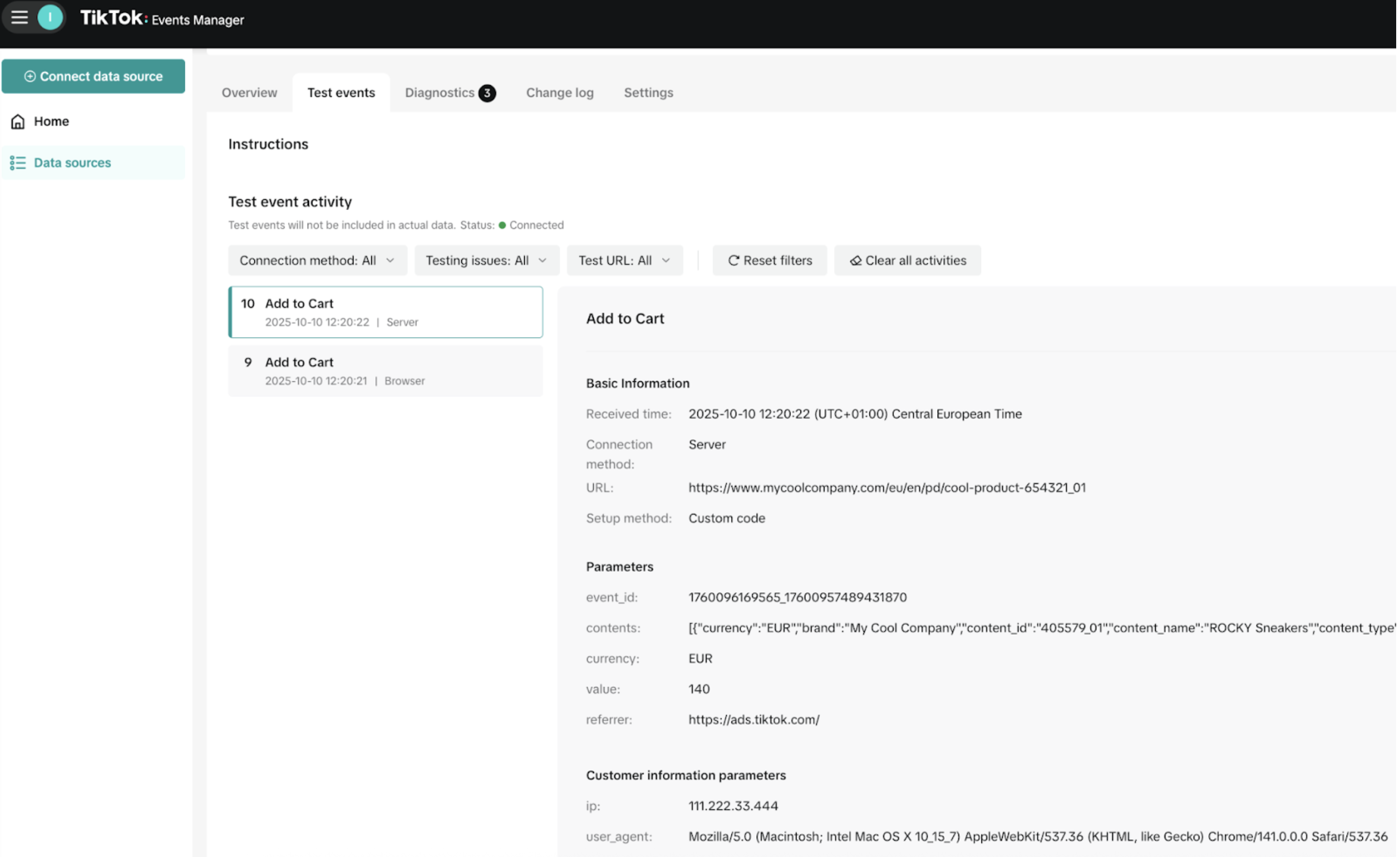 TikTok - Test events tab