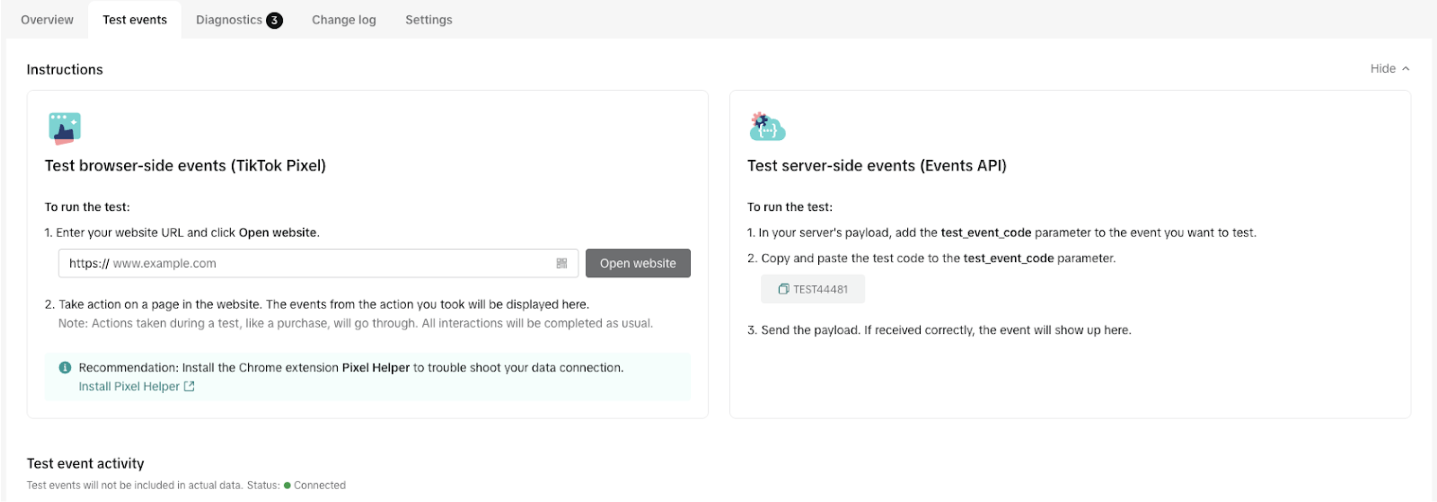 TikTok - Test events tab