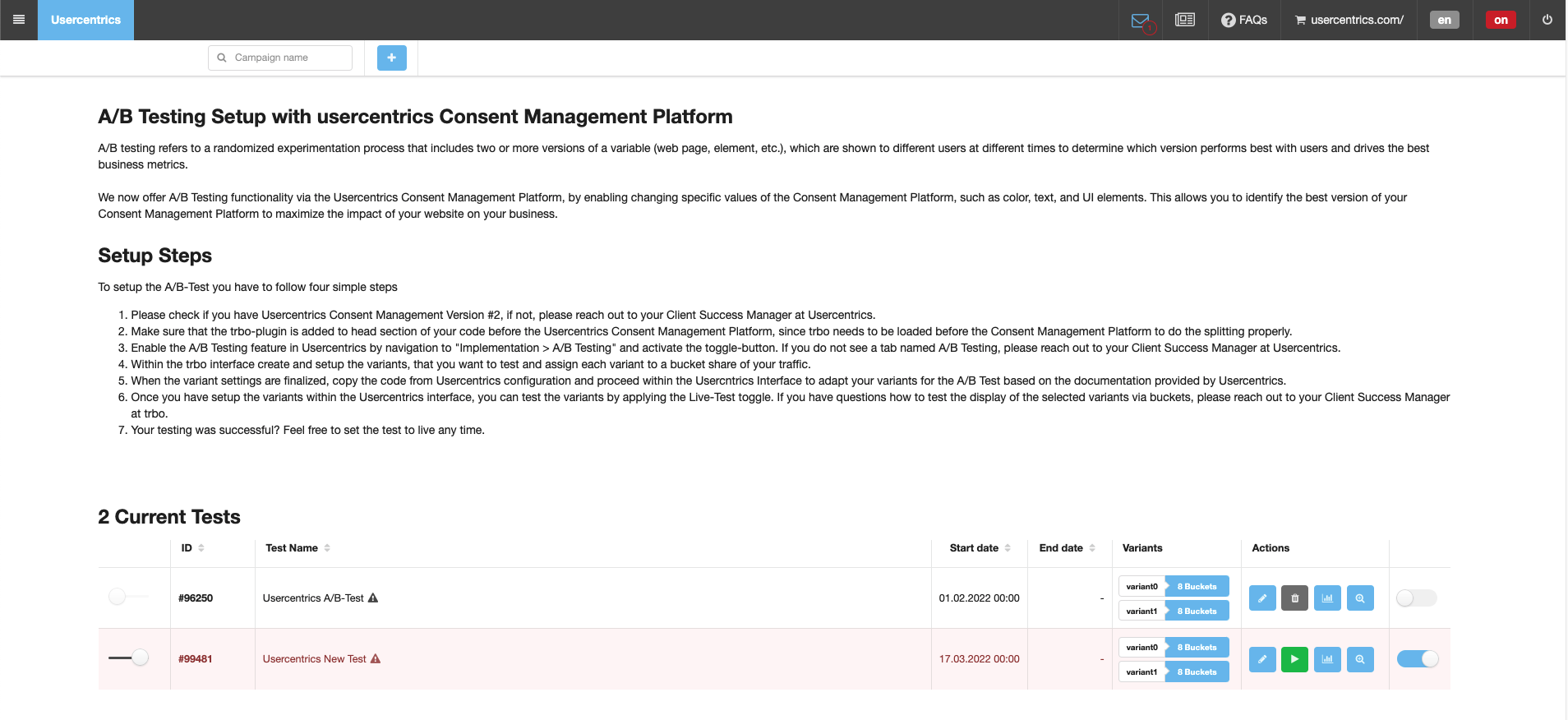 Usercentrics AB Testing