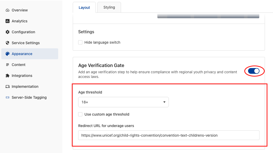 Admin Appearance settings showing Age Verification Gate card with the gate toggle enabled. The card displays Age threshold dropdown (18+), a checkbox for Use custom age threshold, and a Redirect URL for underage users input highlighted with a red outline.