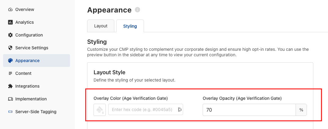Appearance panel on the Styling tab showing Overlay Color (Age Verification Gate) input and Overlay Opacity (Age Verification Gate) set to 70%, with the controls highlighted by a red rectangle.