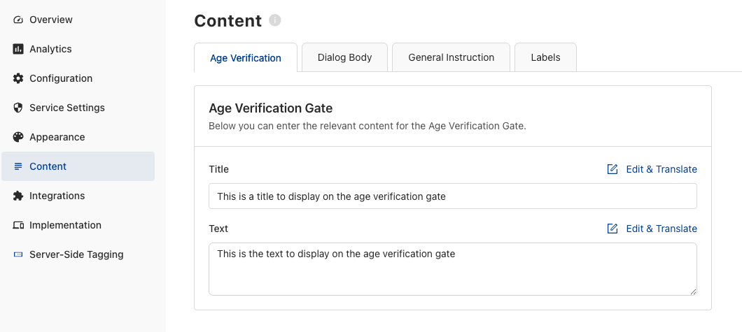 Admin interface screenshot showing the Content tab with the Age Verification Gate section; includes title and text fields and left navigation menu