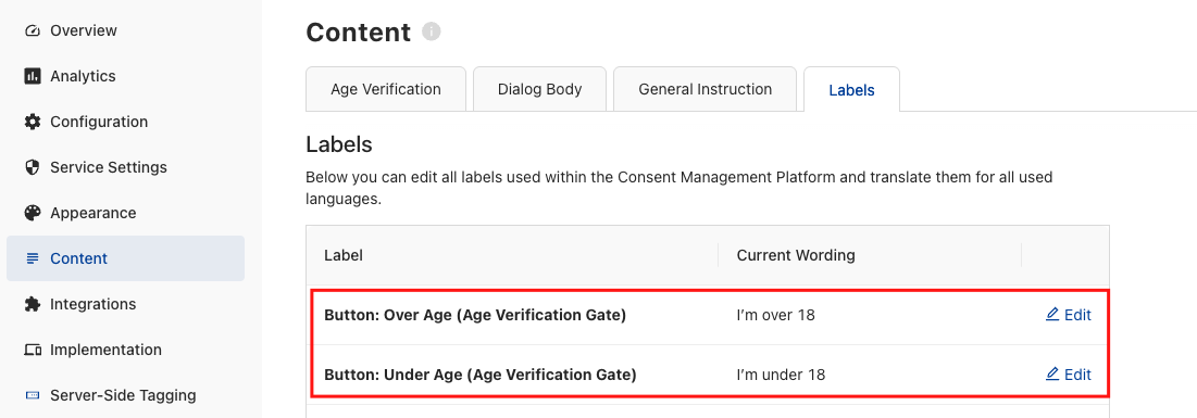 Labels tab screenshot showing label entries with Button: Over Age (Age Verification Gate) current wording I'm over 18 and Button: Under Age (Age Verification Gate) current wording I'm under 18; left navigation visible