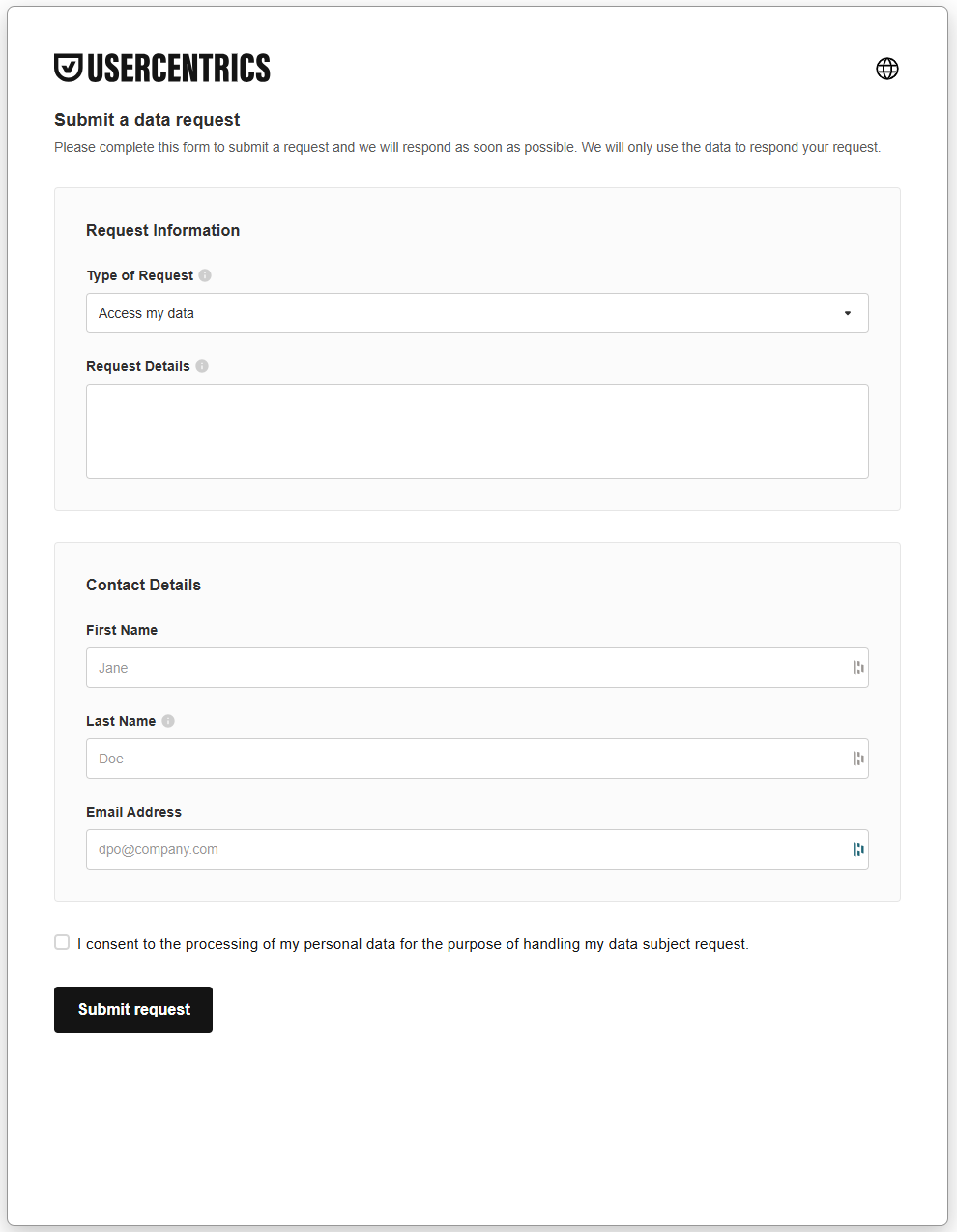 The DSR form that visitors see, with request type, request details, contact details, a consent checkbox and a Submit request button.