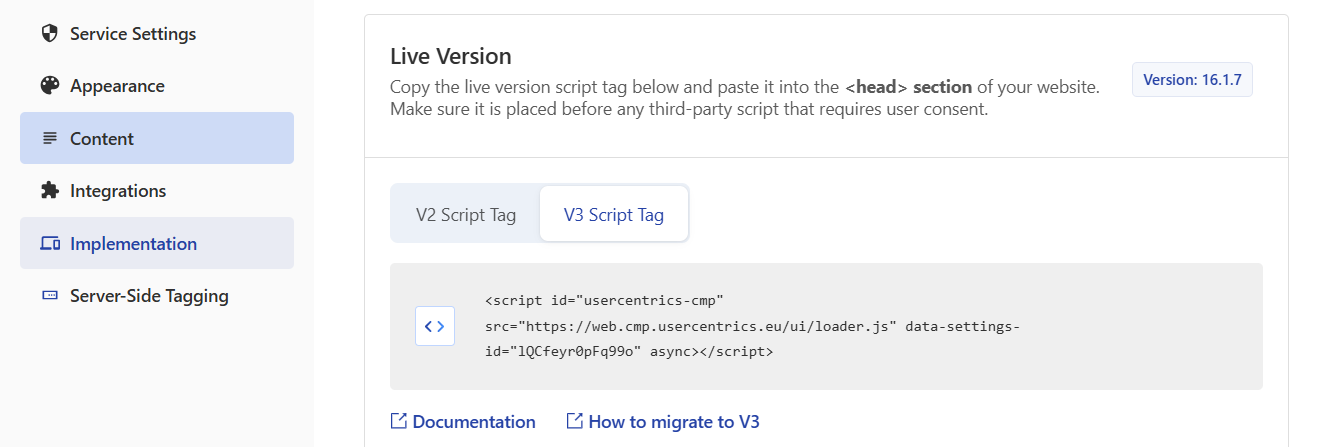 V3 Script Tag in the Implementation tab