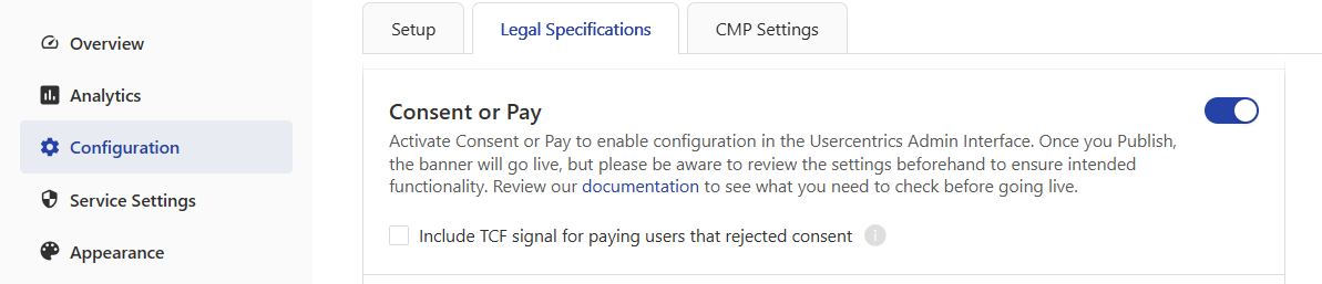 Activating Consent or Pay under Configuration > Legal Specifications