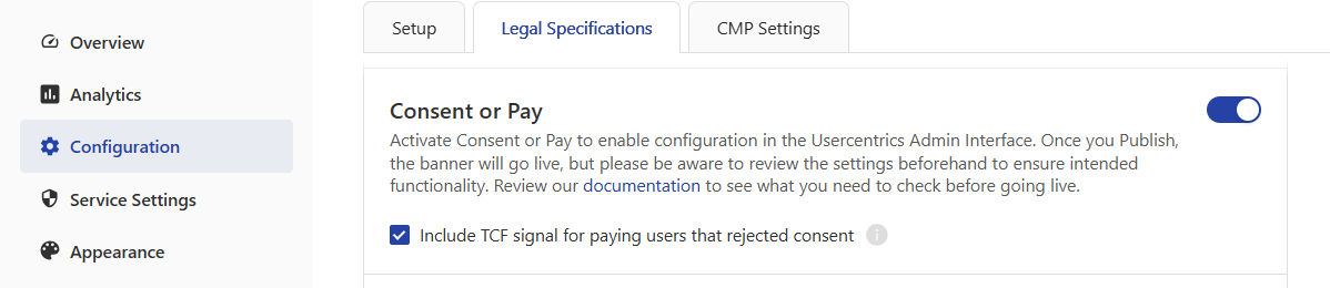 Consent or Pay with the TCF signal checkbox checked