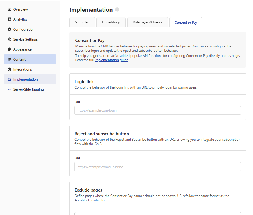 Login link, Reject and subscribe button, and Exclude pages settings