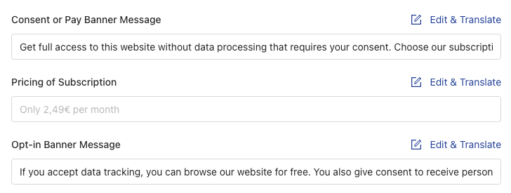 Consent or Pay Banner Message, Pricing of Subscription, and Opt-in Banner Message fields