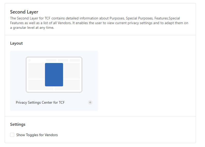 Second layer settings with Show Toggles for Vendors option