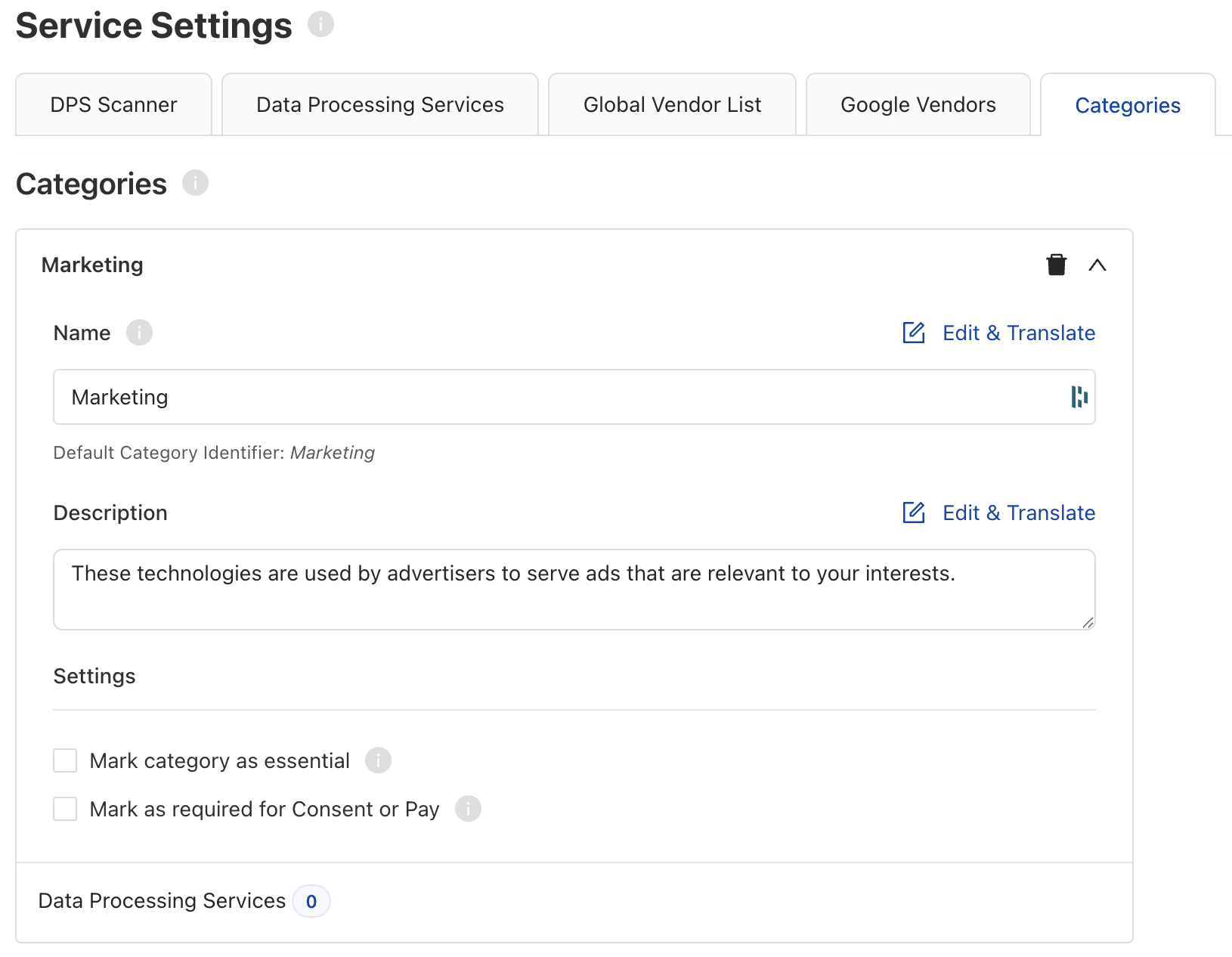 Mark category as required for Consent or Pay, under Service Settings > Categories