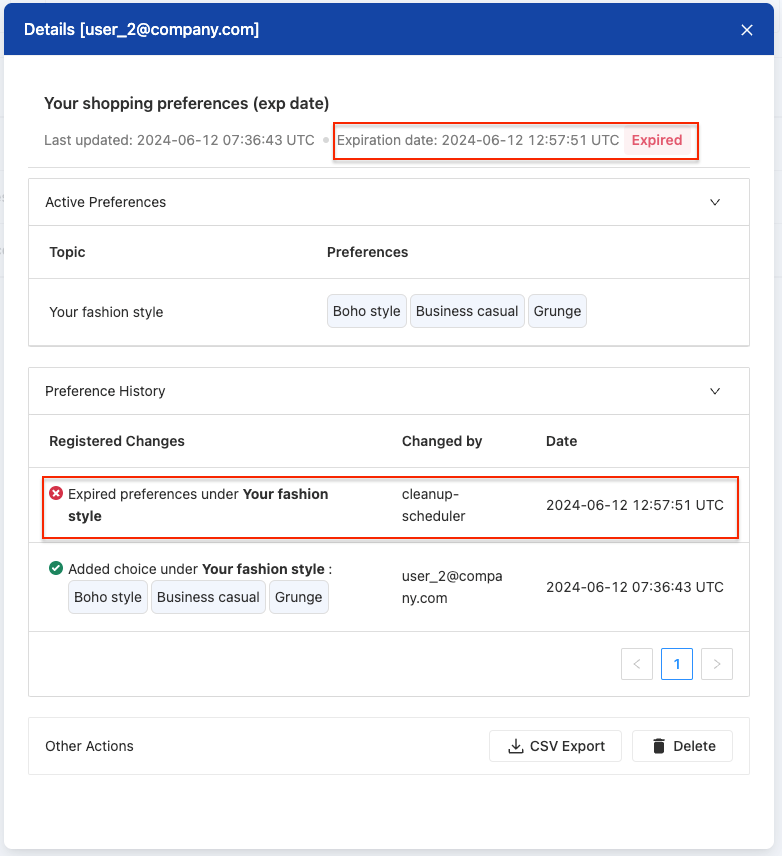 Preference data object is marked with EXPIRED label and EXPIRATION event is added into the History Log