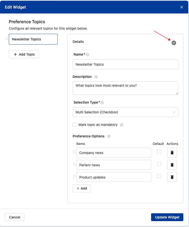 Edit Topics screen with Translation icon