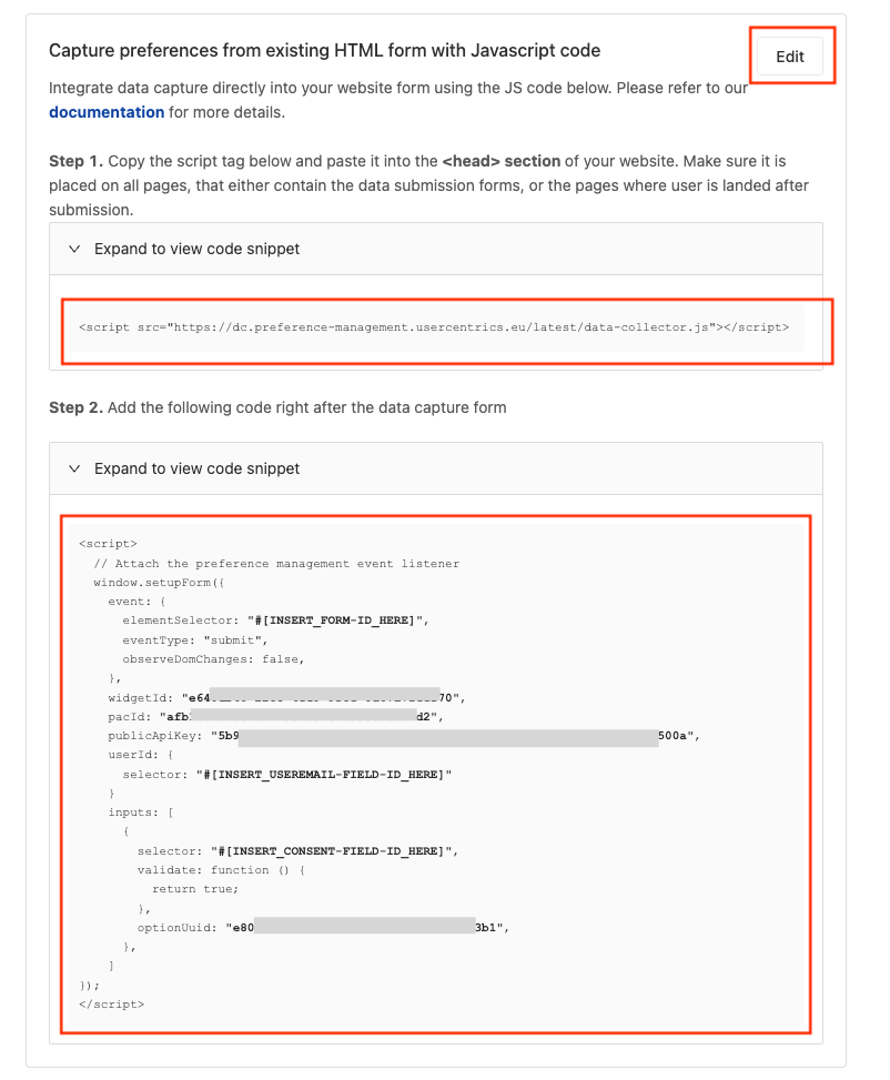Pre-generated code snippets to capture data from existing HTML forms