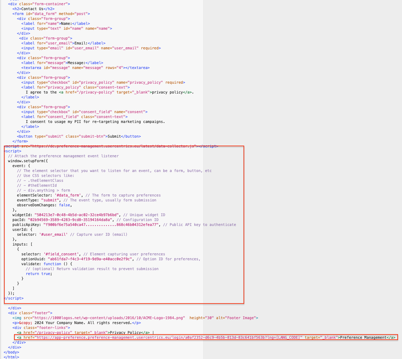 Code snippet and link to Preference Center page added into the page HTML