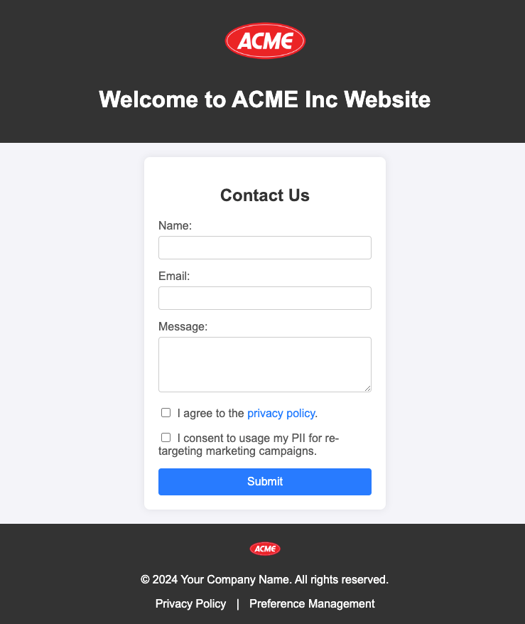 An example form with fields for email address and a consent checkbox.
