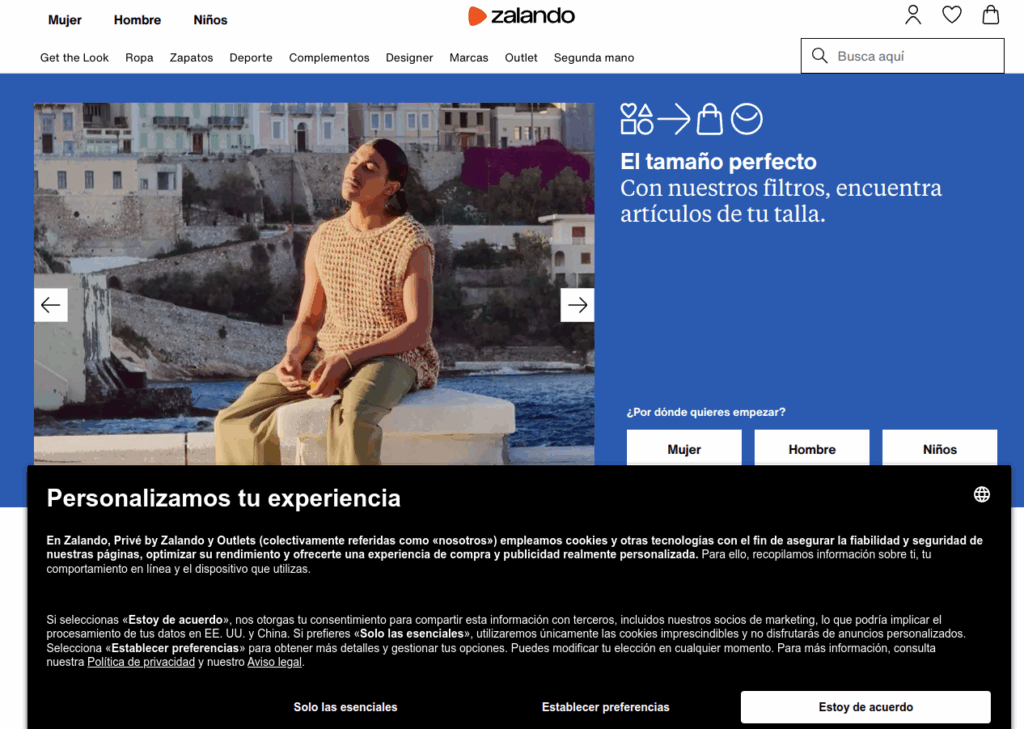 Ejemplo banner de consentimiento en Zalando
