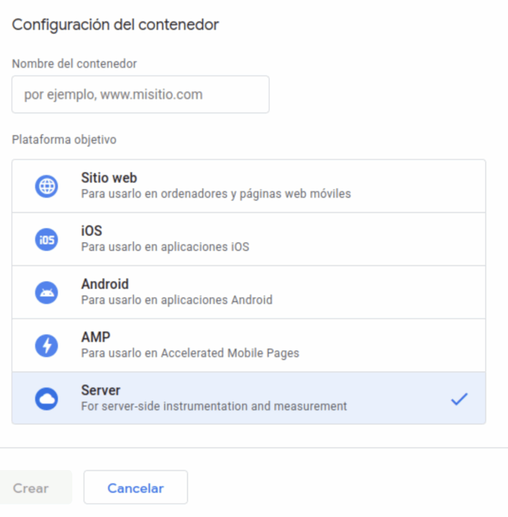 Captura de pantalla de configuración de Google, en concreto, configuración del contenedor