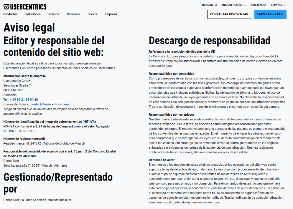 Captura de pantalla del aviso legal de Usercentrics