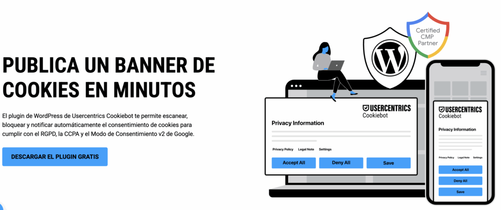 Captura de pantalla de la página de Usercentrics para publicar un banner de cookies