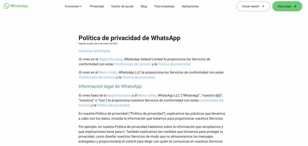 Política de privacidad de WhatsApp