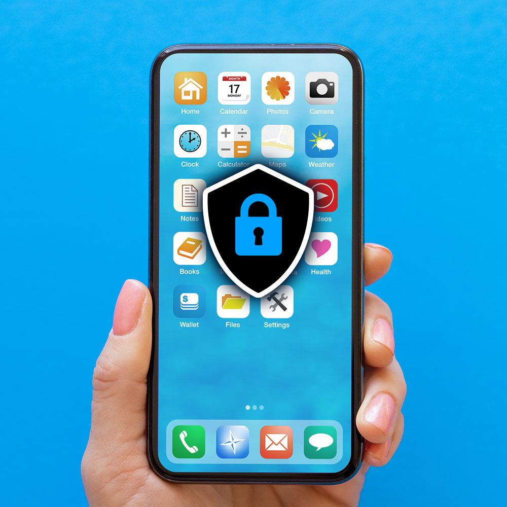 Imagen de la pantalla de un smartphone y un sello de seguridad encima