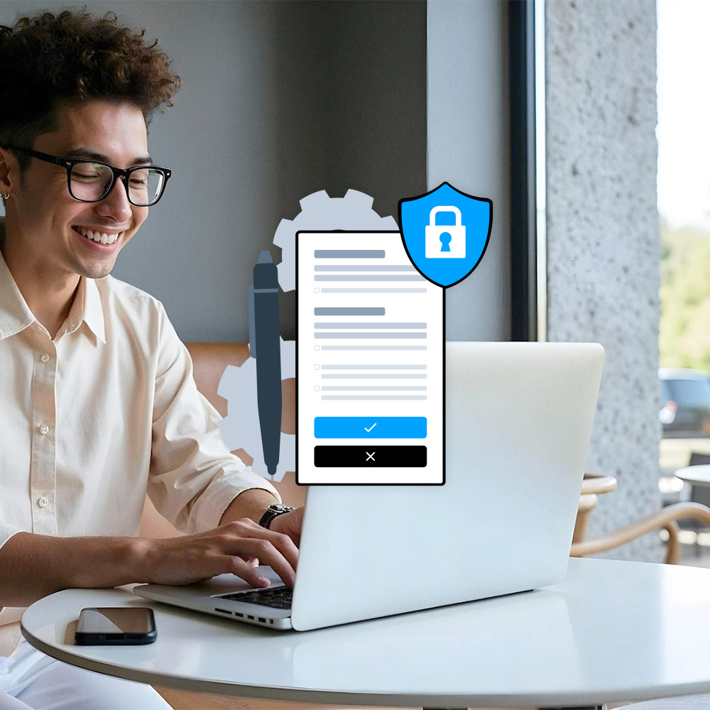 Imagen de una persona frente a un ordenador y una ilustración de formulario de privacidad