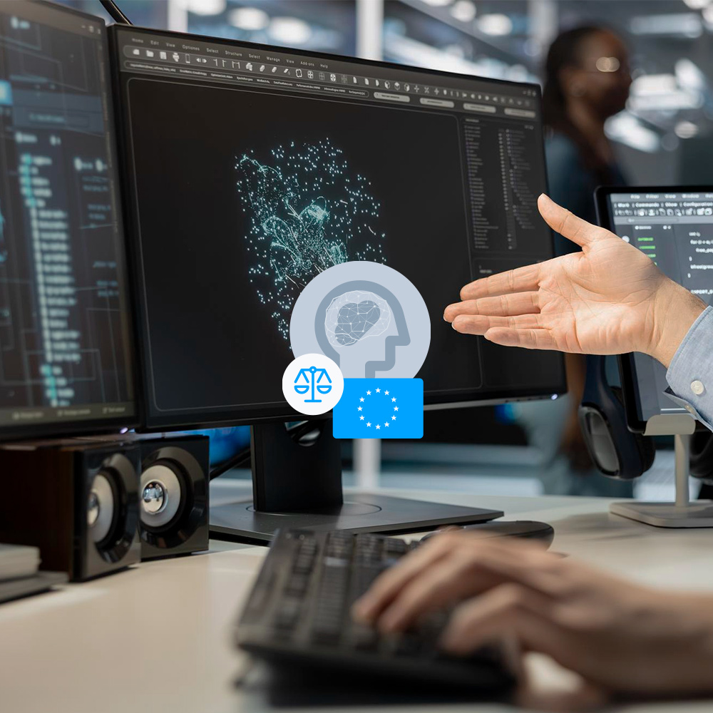 Imagen de una pantalla de ordenador y una ilustración de un cerebro humano representando la IA y la bandera de la UE