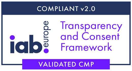 Logo che dimostra conformità v2.0 e validità della CMP con logo aziendale iab europe e dichiarazione Transparency and Consent Framework - Usercentrics