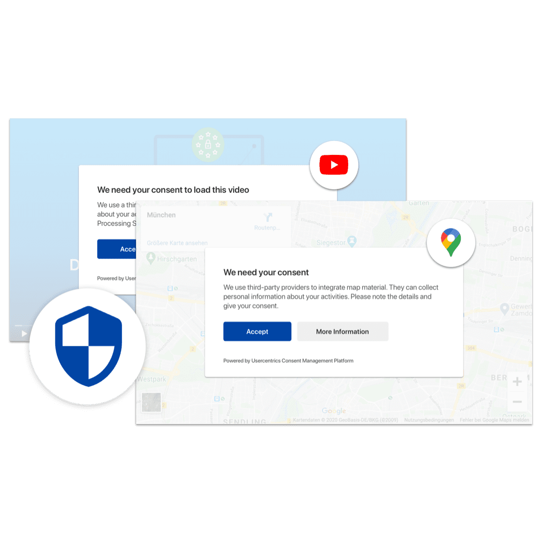 Screenshots of consent pop-ups for youtube to load the video and for google maps for third-party consent. A blue outline of a shield is featured. - Usercentrics