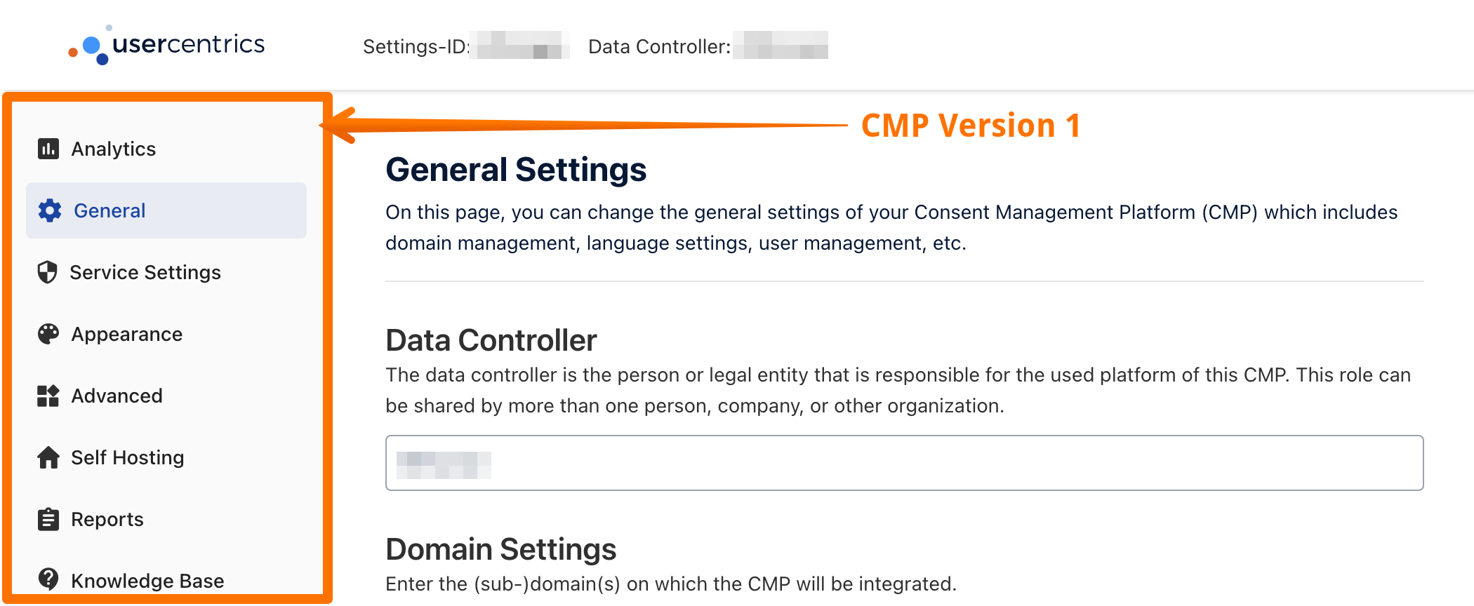 Usercentrics window highlighting options for CMP version 1 - Usercentrics