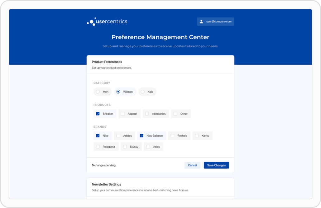 The Usercentrics Preference Manager is fully customizable to your brand identity, and enables you to collect granular user preferences.