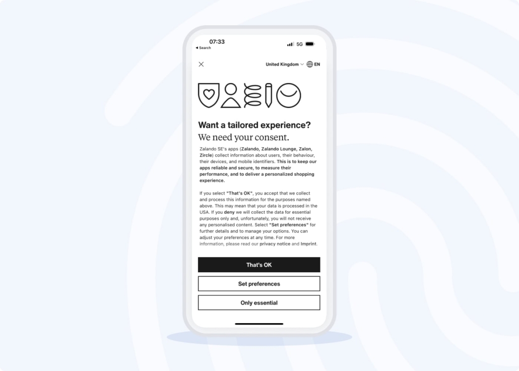 Mobile apps are required to offer users choices around what data they share with you. Usercentrics streamlines the consent process for app developers.