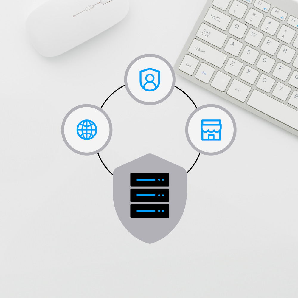 Illustration of data related icons with keyboard and mouse in the background