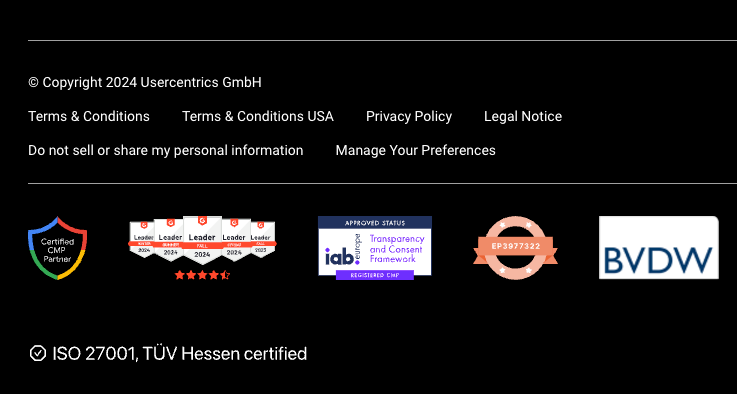 Screenshot of the footer of the Usercentrics homepage, displaying, among badgers and other links, the "Do not sell or share my personal information" text link.