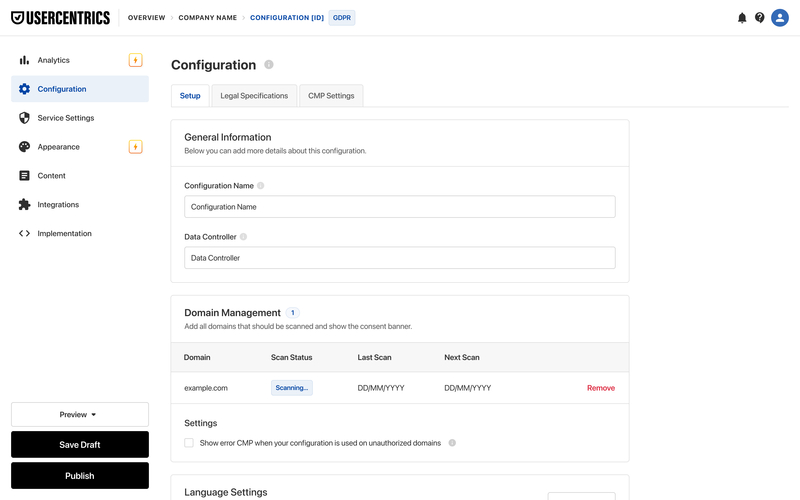 Screenshot of the Usercentrics Web CMP Admin Interface Configurations tab, enabling setup of the Data Controller, Domains, Languages, and more.
